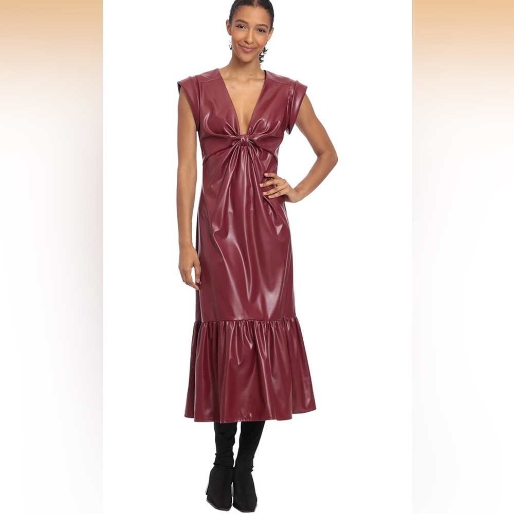NWT Donna Morgan Women's Deep V-Neck Twist Waist Detail Midi Dress Burgundy 8